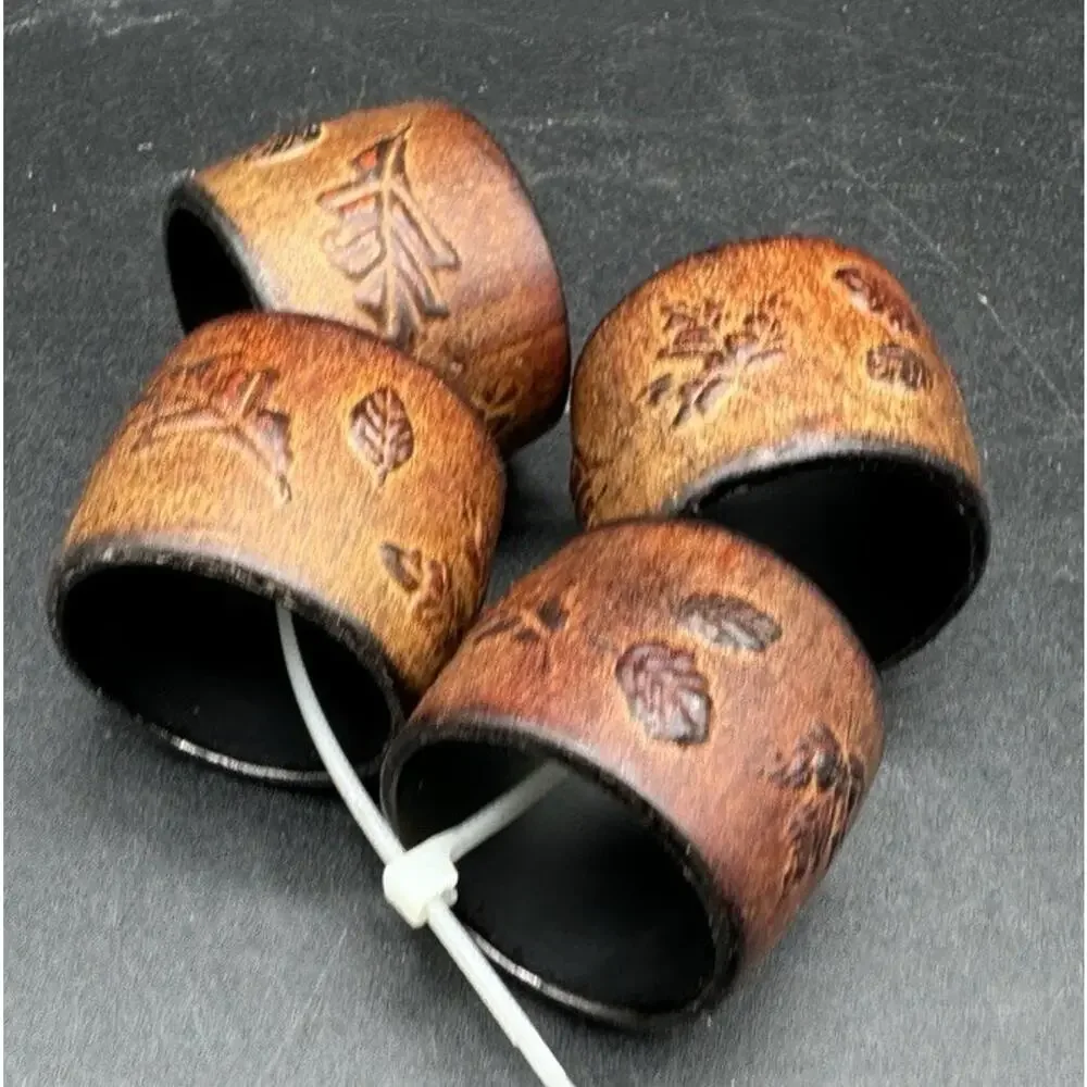 Vtg Napkin Serviette Rings Leather Thanksgiving Autumn Design Leaves -A97